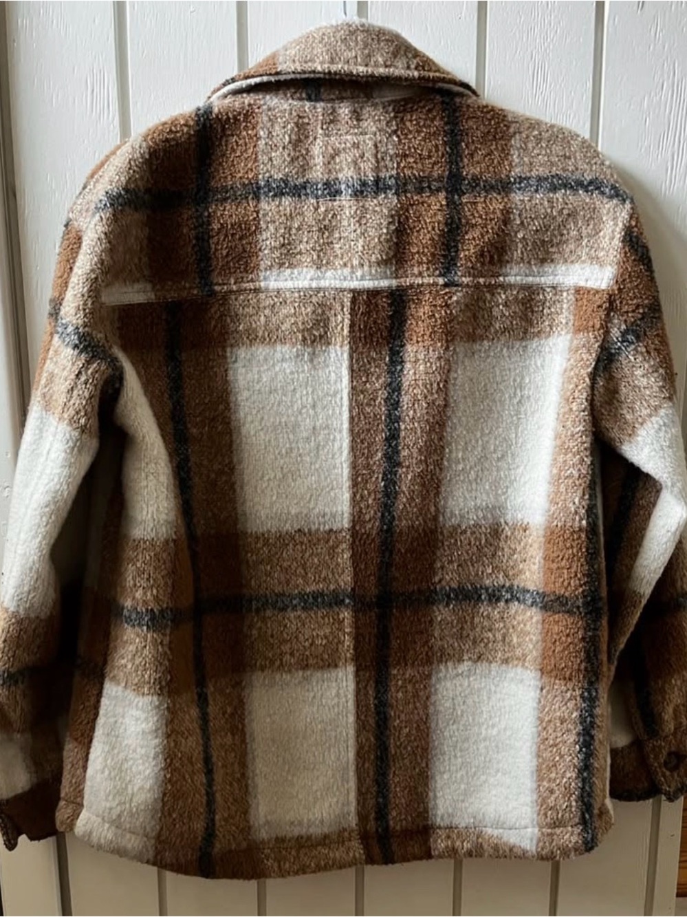 Avec Les Filles Brown and Cream Plaid Sherpa Shirt Jacket - Picture 6 of 7